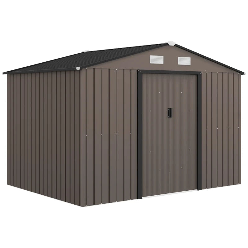 Outsunny Casetta da Giardino con 4 Prese d'Aria e 2 Porte Scorrevoli in Acciaio, 277x195x192 cm, Marrone