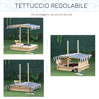 Outsunny Sabbiera per Bambini in Legno con Tettuccio Parasole, Panca e Coperchio, 106x106x115 cm Bianco e Blu