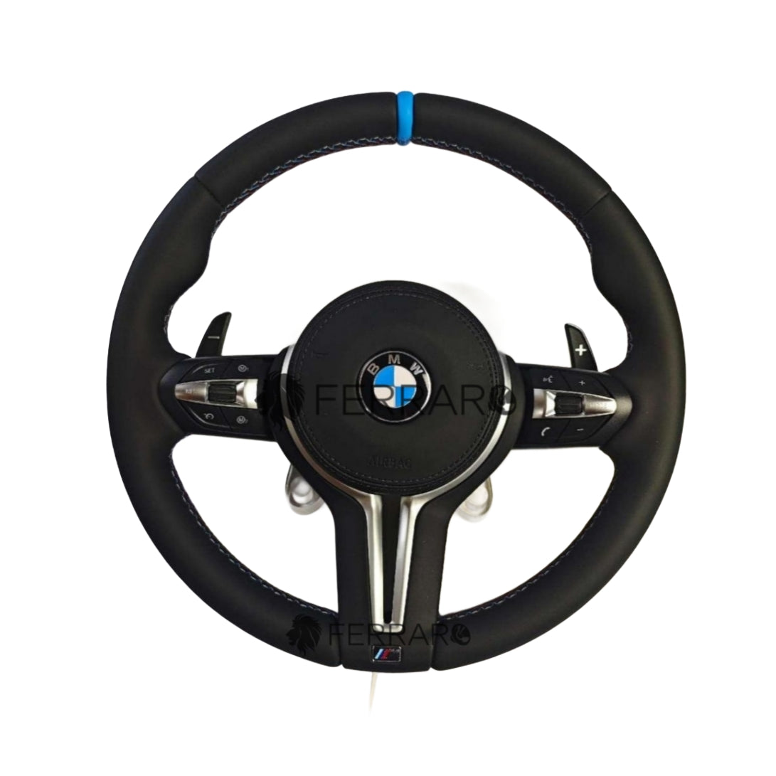 Volante per BMW, Pelle Nera, Linea Tricolore, Etichetta Blu
