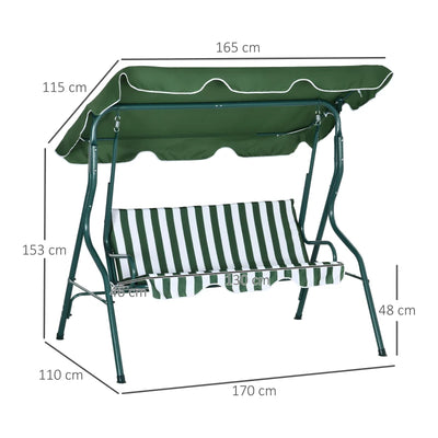 Outsunny Dondolo 3 Posti con Tettuccio Regolabile e Cuscini, in Acciaio e Poliestere, 170x110x153 cm, Verde e Bianco