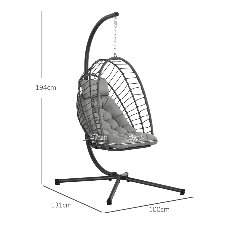 Outsunny Poltrona Sospesa in Rattan PE con Cuscino, Seduta Pieghevole e Struttura in Acciaio, Grigio