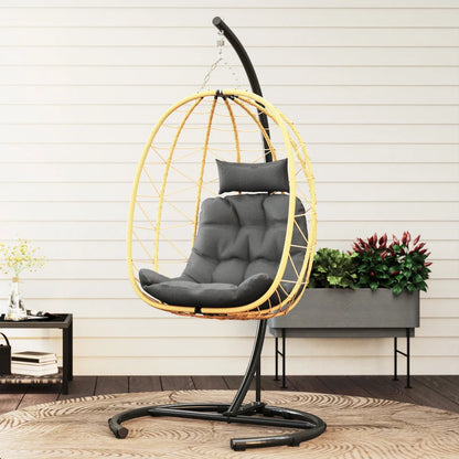 Outsunny Poltrona Sospesa e Pieghevole con Cuscini, in Acciaio e Rattan PE, 102x102x195 cm, Nera Grigia e Beige