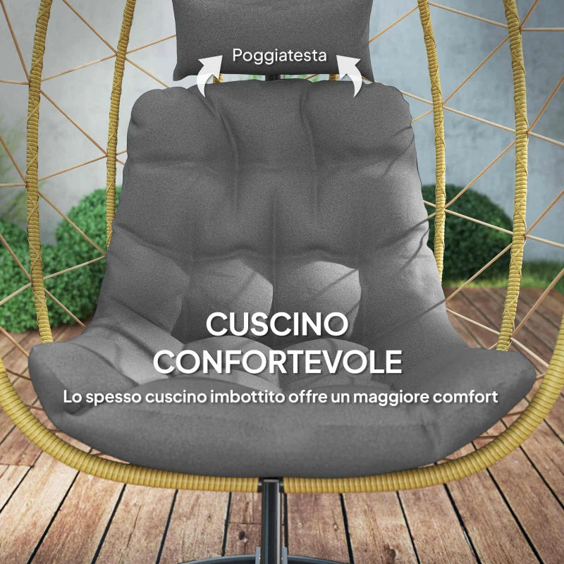 Outsunny Poltrona Sospesa e Pieghevole con Cuscini, in Acciaio e Rattan PE, 102x102x195 cm, Nera Grigia e Beige