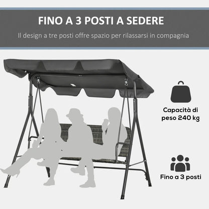 Outsunny Dondolo da Giardino 3 Posti con Tettuccio Regolabile in Rattan PE, 167x112x153cm, Grigio Scuro