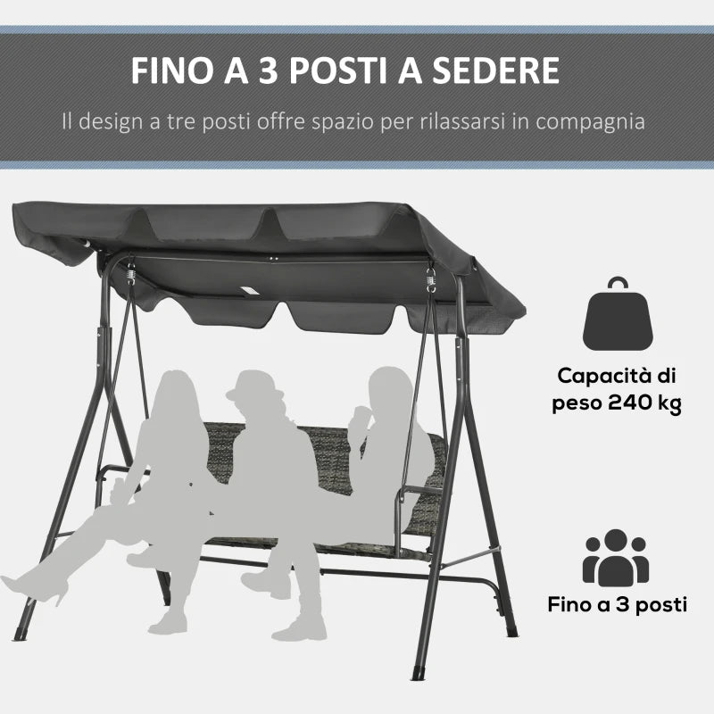 Outsunny Dondolo da Giardino 3 Posti con Tettuccio Regolabile in Rattan PE, 167x112x153cm, Grigio Scuro