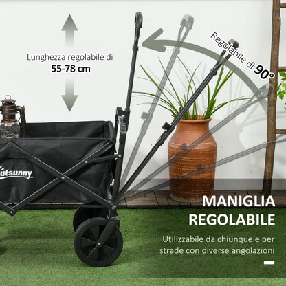 Outsunny Carrello da Giardino 110L con Maniglia Telescopica e Tettuccio in Acciaio e Tessuto Oxford, Nero