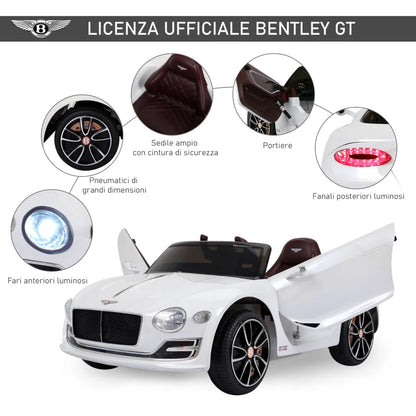 HOMCOM Macchina Elettrica per Bambini Bentley GT 6V, con Doppi Motori, Auto Elettrica per Bambini con Telecomando, Clacson, Suoni, Fari e 2 Portiere Apribili, 2.5-5 km/h, per 3-5 Anni, Bianco