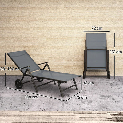 Outsunny Lettino Sdraio Pieghevole e Reclinabile in 5 Posizioni con Rotelle, in Metallo e Textilene, 72x158x84 cm, Grigio