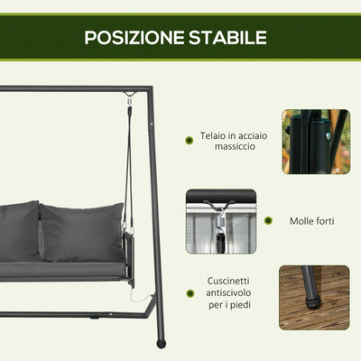 Outsunny Dondolo da Giardino 2 Posti con Cuscini e Tasche, in Acciaio e Textilene, 168x117x181 cm, Grigio Scuro