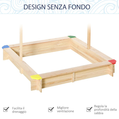 Outsunny Sabbiera per Bambini in Legno con Panca e Tettuccio Parasole Regolabile, 120x120x120cm, Colore Legno e Blu