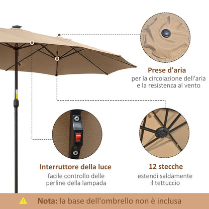 Outsunny Ombrellone da Giardino Doppio 4.5m con 48 Luci LED e Manovella, Cachi