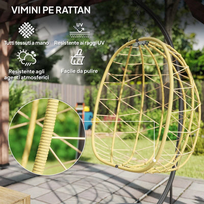 Outsunny Poltrona Sospesa e Pieghevole con Cuscini, in Acciaio e Rattan PE, 102x102x195 cm, Nera Grigia e Beige