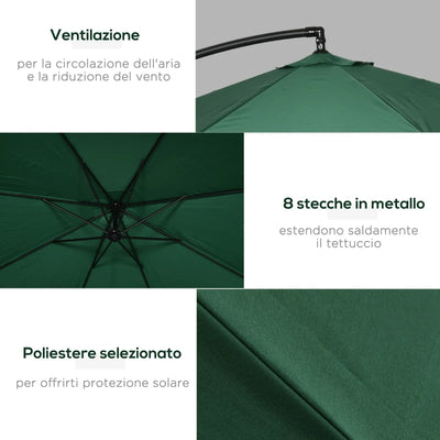 Outsunny Ombrellone da Giardino 3x3 m con Zanzariera, Apertura a Manovella e Base a Croce, Verde