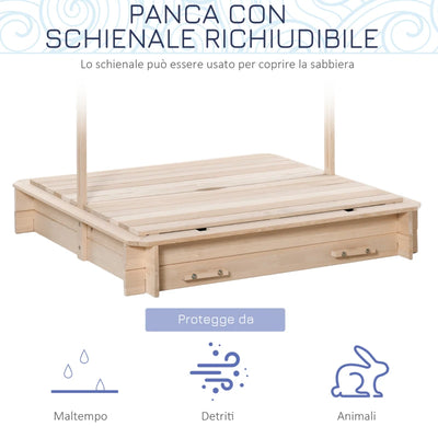 Outsunny Sabbiera per Bambini in Legno con Tettuccio Parasole, Panca e Coperchio, 106x106x115 cm Bianco e Blu