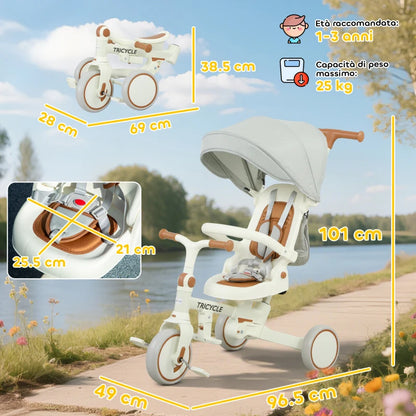 AIYAPLAY Triciclo per Bambini 5 in 1 con Maniglione di Spinta e Copertura Rimovibile, 96.5x49x101 cm, Bianco Crema