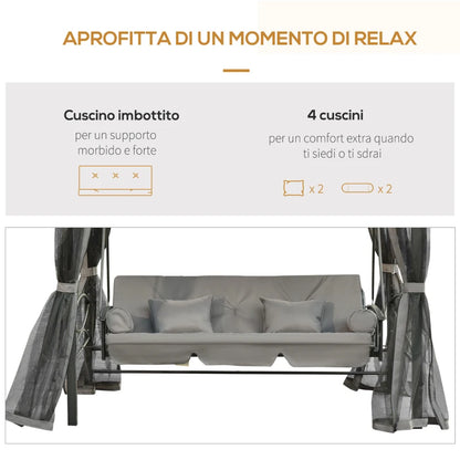 Outsunny Dondolo da Giardino 3 Posti Lettino e Gazebo Design 3 in 1 con Tettuccio, 256x172x248 cm, Grigio Scuro