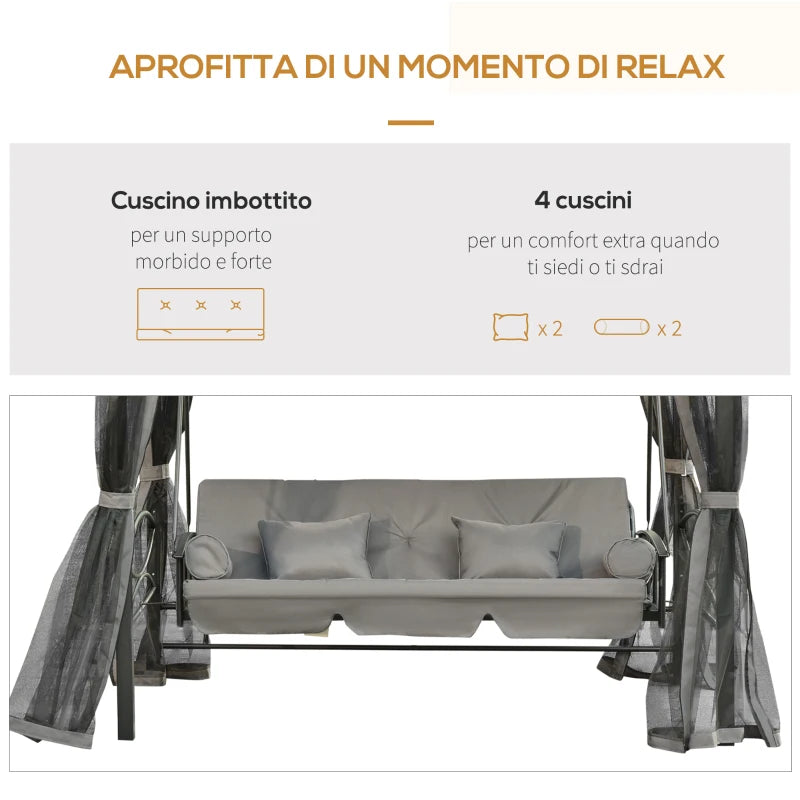 Outsunny Dondolo da Giardino 3 Posti Lettino e Gazebo Design 3 in 1 con Tettuccio, 256x172x248 cm, Grigio Scuro