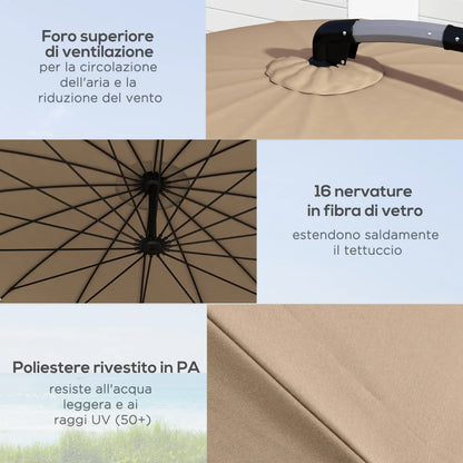 Outsunny Ombrellone da Giardino Decentrato 2.7m Apertura a Manovella e 16 Stecche in Fibra di Vetro, Cachi