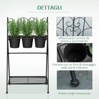 Outsunny Portapiante in Metallo Pieghevole con 3 Vasi e Ripiano Inferiore per Casa e Giardino, 47x37x78.5cm, Nero