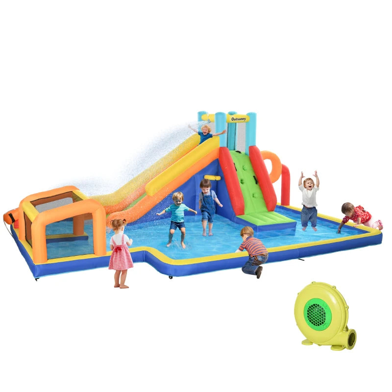 Outsunny Castello Gonfiabile per Bambini 3-8 Anni con Scivolo, Parete, Porta e Canestro, in Tessuto Oxford, 590x460x220 cm