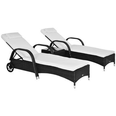 Outsunny Set da Giardino con 2 Sedie a Sdraio con Schienale Reclinabile e Tavolino Basso in Rattan PE, Nero