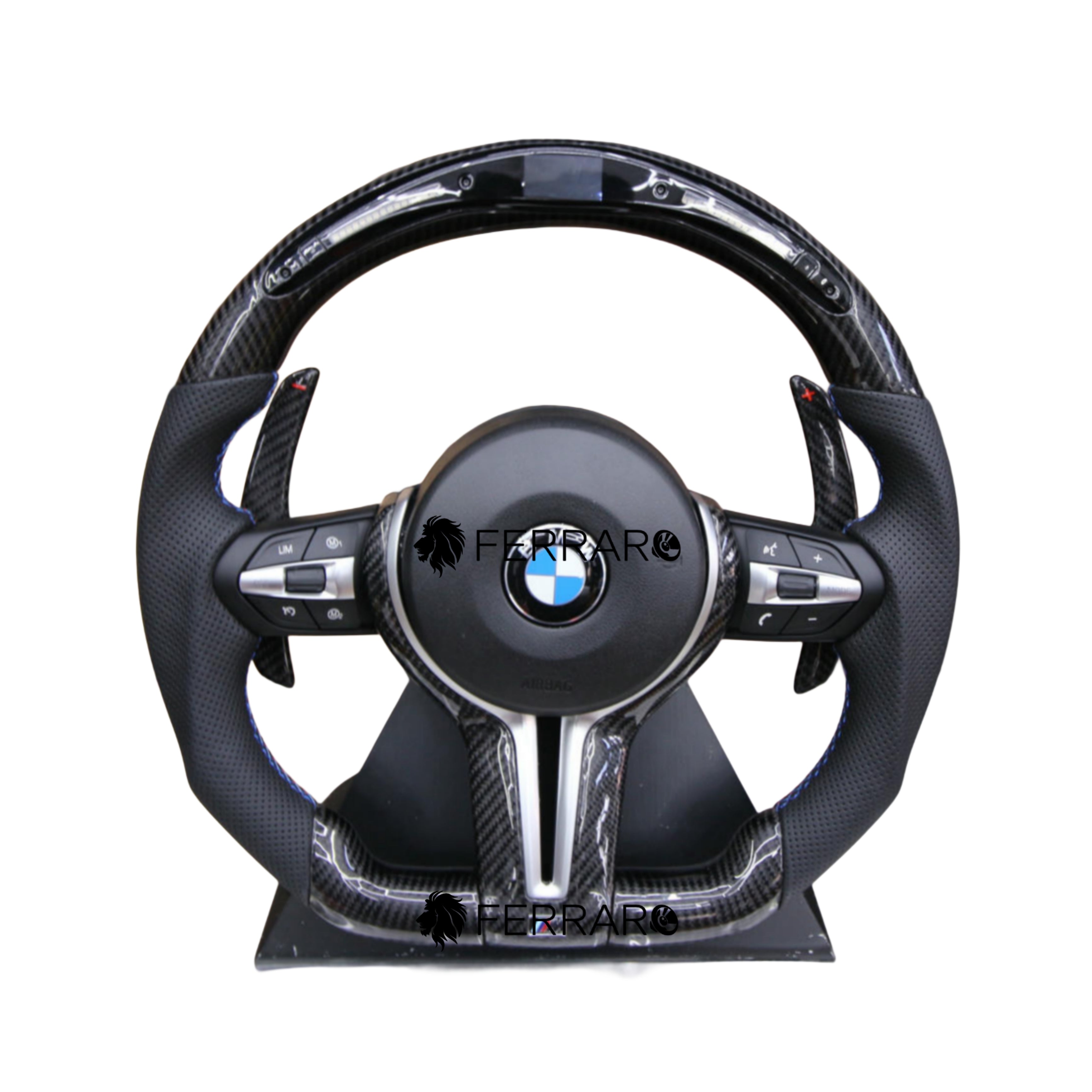 Volante per BMW, Carbonio Obliquo, Filo Tricolore, Taglio, Pelle Nera, LED Sport