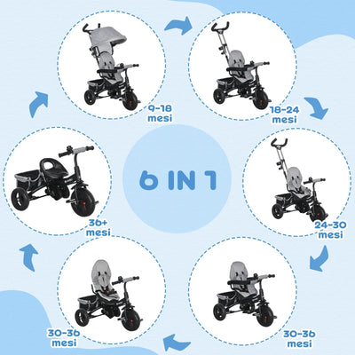 HOMCOM Triciclo per Bambini con Maniglione 6 in 1, Tettuccio Regolabile e Cintura di Sicurezza, Età 1-5 Anni, Grigio