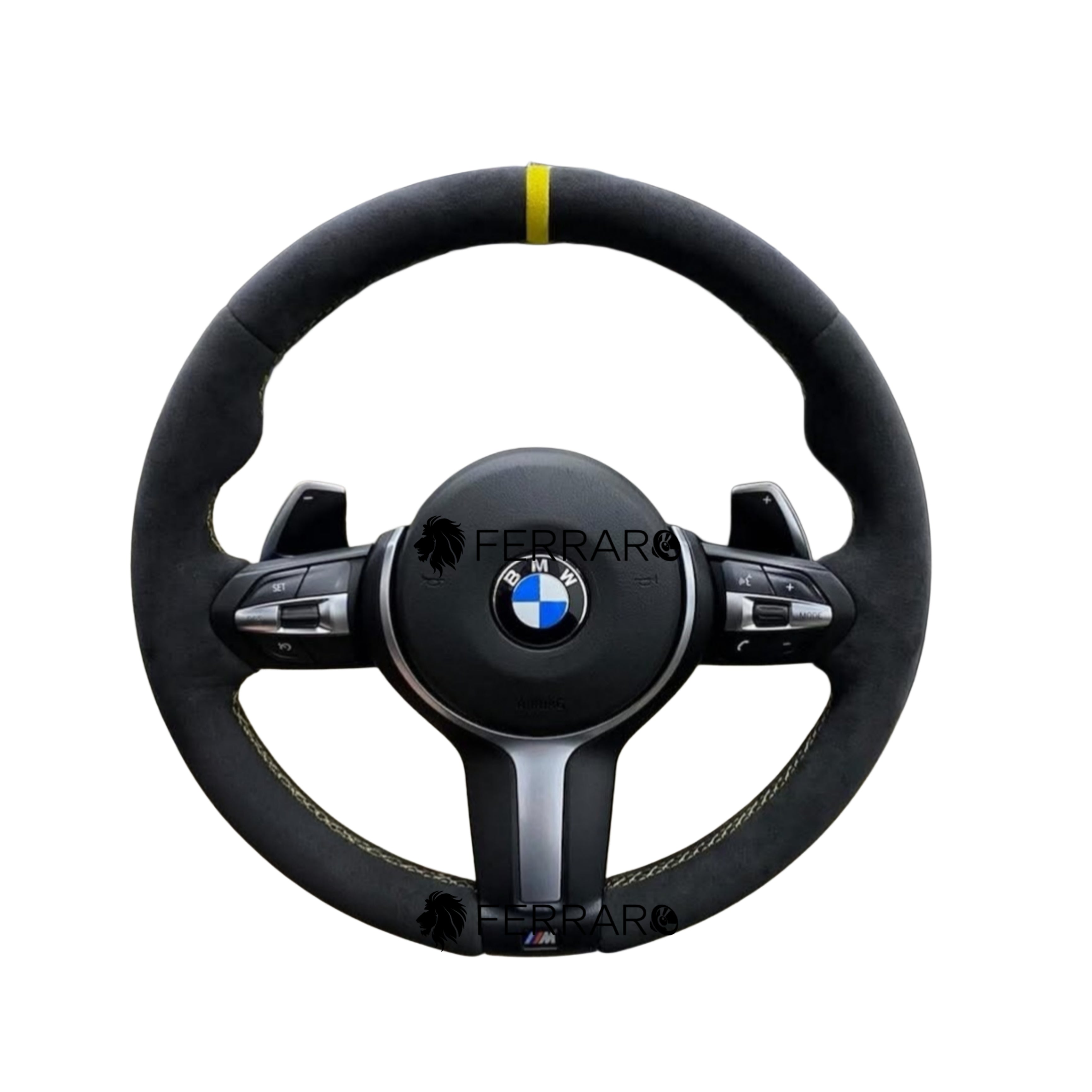 Volante per BMW, Pelle Nera, Filo Tricolore, Etichetta Gialla, Sport