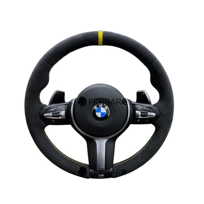 (PRENOTA) Volante per BMW, Pelle Nera, Filo Tricolore, Etichetta Gialla, Sport