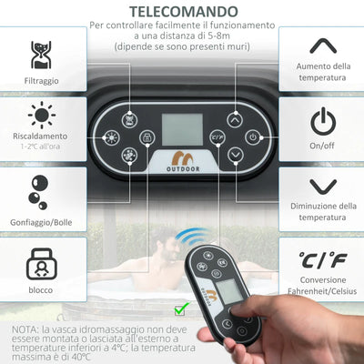 Outsunny Spa Idromassaggio Gonfiabile con 108 Getti e Riscaldamento 40°C, per 4-6 Persone, 180x180x68cm, Blu Scuro