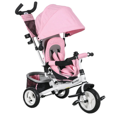 HOMCOM Triciclo per Bambini 1-5 Anni con Maniglione e Tettuccio Regolabile, 102x49x102 cm, Bianco e Rosa