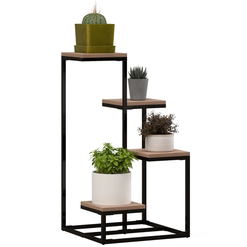 Outsunny Scaffale per Piante a 4 Livelli in Acciaio e Legno, 40x40x75.5 cm, Marrone e Nero