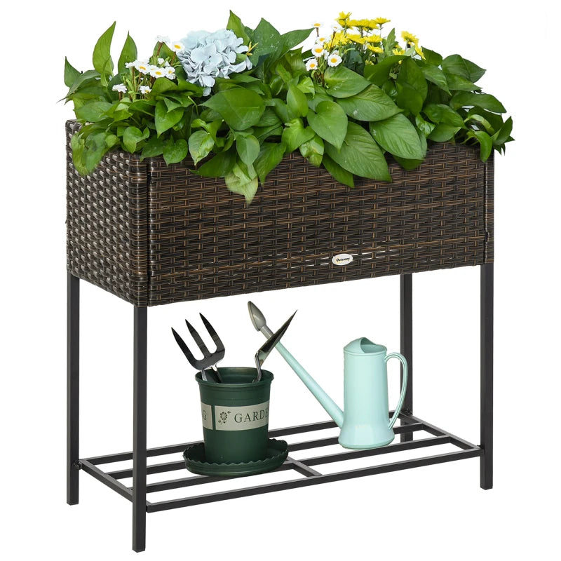 Outsunny Letto per Orto Rialzato, Fioriera Effetto Vimini con Ripiano, Aiuola Rialzata per Esterni e Interni, Marrone (70cm x 30cm x 70cm)