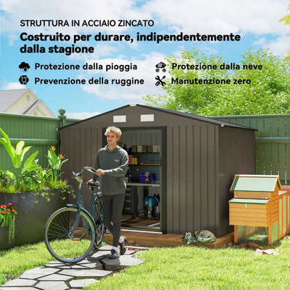 Outsunny Casetta da Giardino con 4 Prese d'Aria e 2 Porte Scorrevoli in Acciaio, 277x195x192 cm, Marrone