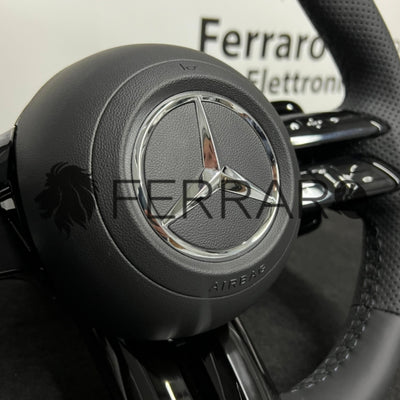 Volante per Mercedes, Nero Lucido, Logo Argento, Filo Nero, Perforato