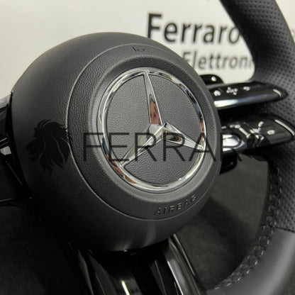 Volante per Mercedes, Nero Lucido, Logo Argento, Filo Nero, Perforato