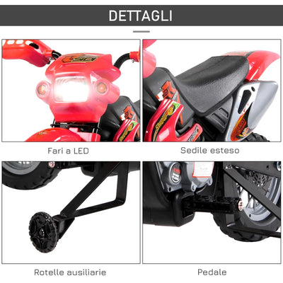 HOMCOM Moto Elettrica per Bambini 3-6 Anni in Plastica PP con Ruote di Supporto, Fari e Musica, 102x53x66 cm, Rosso e Nero