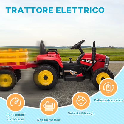 HOMCOM Trattore Elettrico per Bambini 3-6 Anni con Rimorchio Rimovibile, Batteria 12V e Telecomando, Rosso