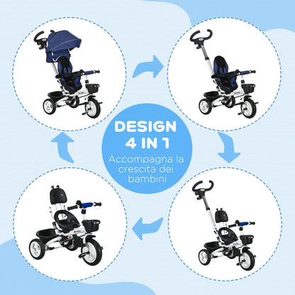 HOMCOM Triciclo Passeggino per Bambini con Maniglione, Parasole Regolabile e Cintura di Sicurezza, Blu Scuro