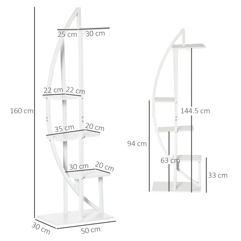 Outsunny Portafiori a 5 Livelli a Mezzaluna per Interni ed Esterni in MDF e Acciaio, 50x30x160 cm, Bianco