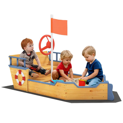 Outsunny Sabbiera per Bambini in Legno a Forma di Nave dei Pirati con Vano Contenitore, 158x78x45.5 cm