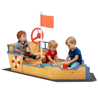Outsunny Sabbiera per Bambini in Legno a Forma di Nave dei Pirati con Vano Contenitore, 158x78x45.5 cm