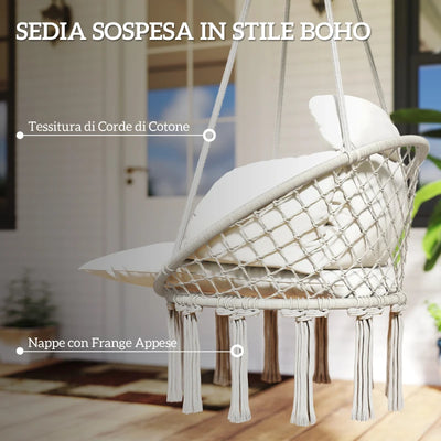 Outsunny Poltrona Sospesa in Stile Boho con Cuscino, in Acciaio, Cotone e Poliestere, 80x60x40 cm, Bianco Crema