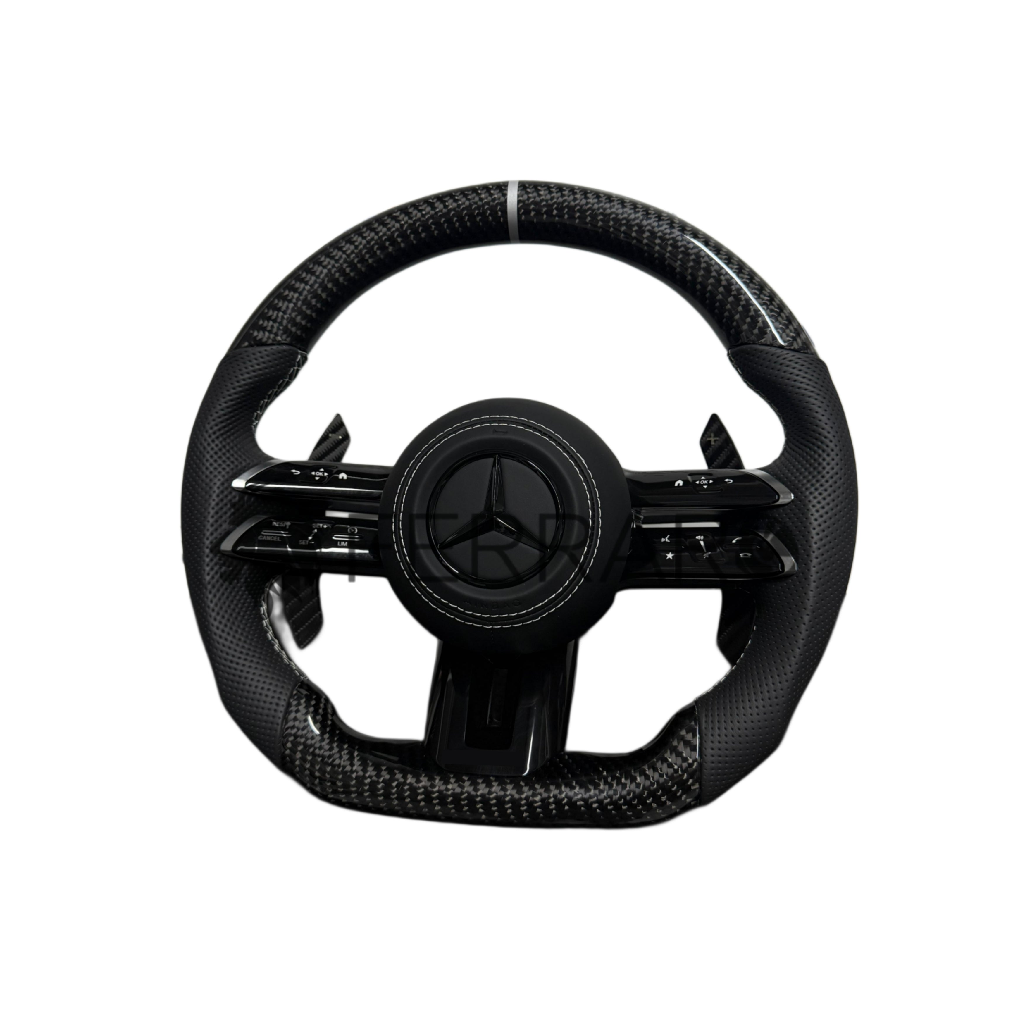 Volante per Mercedes, Carbonio Diagonale, Etichetta Bianca, Punzonatura Nera, Palette Coda di Rondine, Linea Bianca, AMG