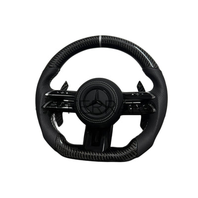 Volante per Mercedes, Carbonio Diagonale, Etichetta Bianca, Punzonatura Nera, Palette Coda di Rondine, Linea Bianca, AMG
