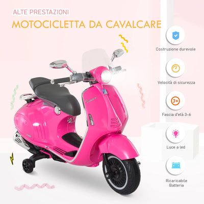 HOMCOM Moto Elettrica per Bambini con Licenza Ufficiale Vespa, 2 Rotelle, Luci e Suoni, 108x49x75 cm, Rosa