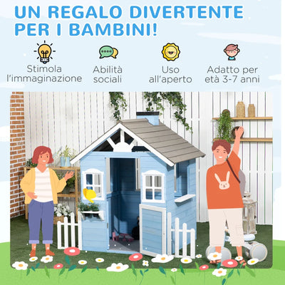 Outsunny Casa per Bimbi 3-7 Anni con Staccionata, Portavasi, Porta e Finestre, in Legno di Abete, 151x112.5x142 cm, Blu