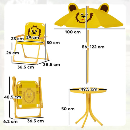 AIYAPLAY Set da Giardino per Bambini 2-5 Anni con Tavolino Rotondo, 2 Sedie Pieghevoli e un Ombrellone, Giallo