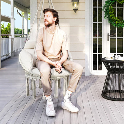 Outsunny Poltrona Sospesa in Stile Boho con Cuscino, in Acciaio, Cotone e Poliestere, 80x60x40 cm, Bianco Crema