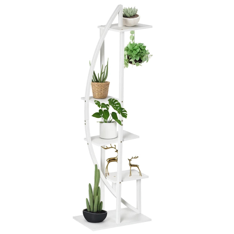 Outsunny Portafiori a 5 Livelli a Mezzaluna per Interni ed Esterni in MDF e Acciaio, 50x30x160 cm, Bianco